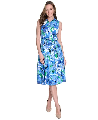Jessica Howard Women's Cotton Printed Tie-Waist Shirtdress