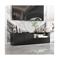 Tv stand with 2 drawers, 2 cabinet doors, retractable media console, black wood entertainment center