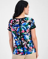 Ak Anne Klein Petite Printed Button-Back Short-Sleeve Top