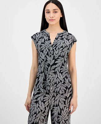 Ak Anne Klein Petite Leaf-Print Cap-Sleeve V-Neck Blouse