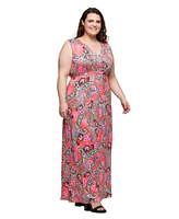 24seven Comfort Apparel Plus Print V-Neck Empire Waist Sleeveless Maxi Dress