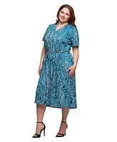 24seven Comfort Apparel Plus Print Short Sleeve Tie Waist Midi Dress