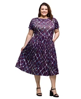 24seven Comfort Apparel Plus Print Short Sleeve Pleated Flare Midi Pocket Dress