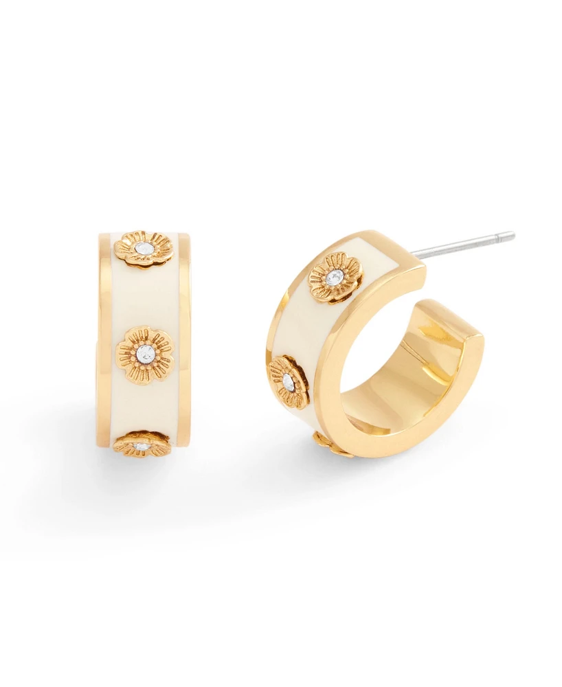 Coach Signature Faux Stone Tea Rose Enamel Huggie Hoop Earrings