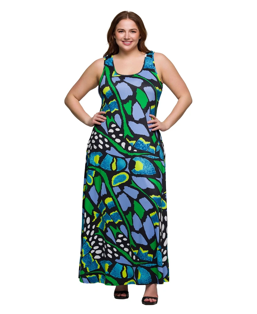 24seven Comfort Apparel Plus Print Scoop Neck A-Line Sleeveless Maxi Dress