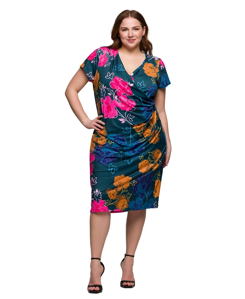 24seven Comfort Apparel Plus Knee Length Short Sleeve Faux Wrap Dress