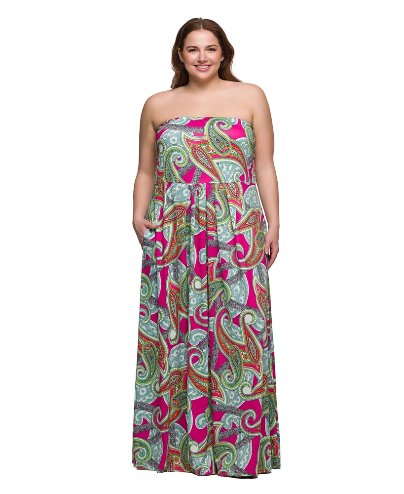 24seven Comfort Apparel Plus A-Line Strapless Maxi Dress with Pockets