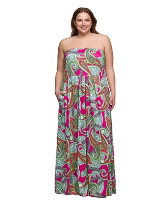 24seven Comfort Apparel Plus A-Line Strapless Maxi Dress with Pockets