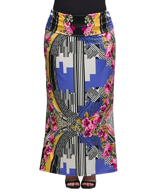 24seven Comfort Apparel Plus Print Fold Over Waist Maxi Skirt