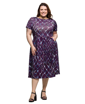 24seven Comfort Apparel Plus Print Short Sleeve Pleated Flare Midi Pocket Dress