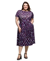 24seven Comfort Apparel Plus Print Short Sleeve Pleated Flare Midi Pocket Dress