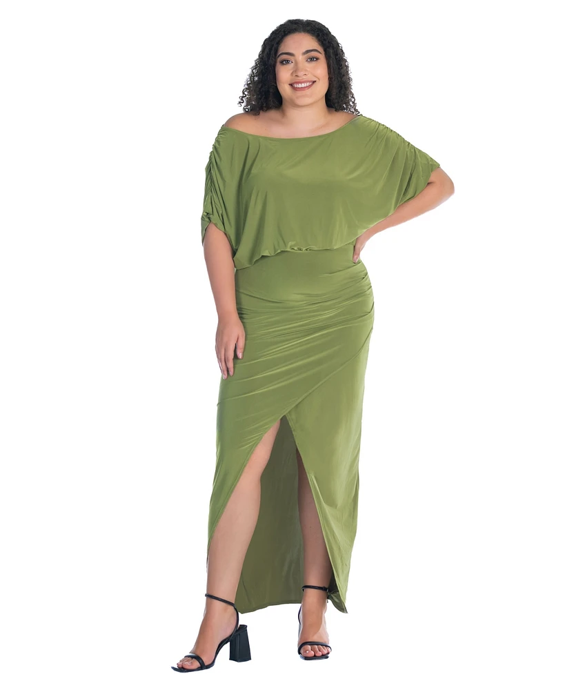 24seven Comfort Apparel Plus Boat Neck Batwing Sleeve Slit Maxi Dress