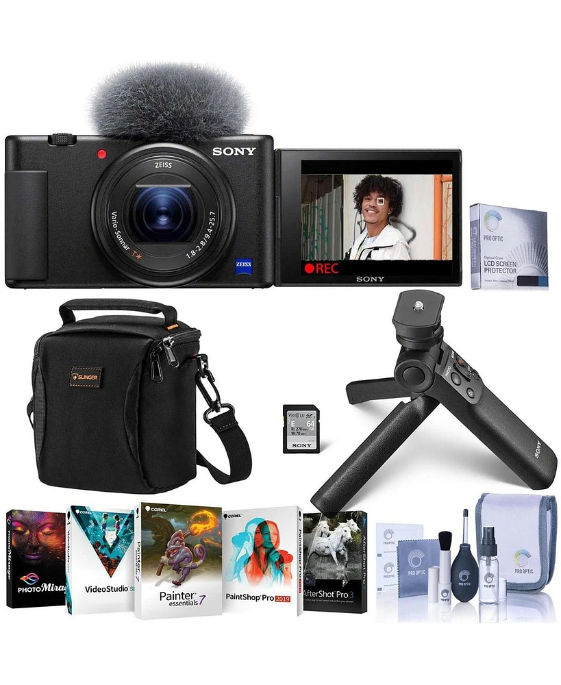 Sony Zv-1 Compact 4K Hd Digital Camera, Black Bundle with Vlogger Accessory Kit, Pc Software Pack, Shoulder Bag, Screen Protector, Cleaning Kit