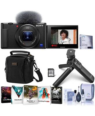 Sony Zv-1 Compact 4K Hd Digital Camera, Black Bundle with Vlogger Accessory Kit, Pc Software Pack, Shoulder Bag, Screen Protector, Cleaning Kit