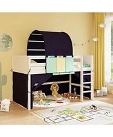 Twin Size Loft Bed Playhouse Bed Frame with Tower Tent and 3 Storage Pockets