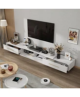 Tv stand with two drawers, retractable media console, white wooden entertainment center