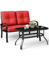 Gymax 2PCS Patio Loveseat & Table Set Cushioned Outdoor Furniture Set Yard Garden