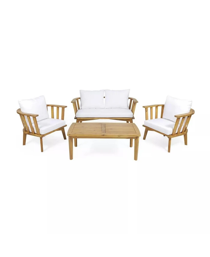 Acacia Patio Set, Table, Cushioned Seating, Teak Finish, White