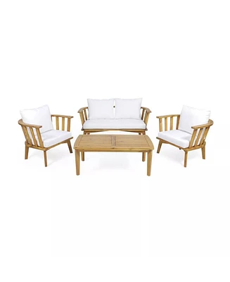 Acacia Patio Set, Table, Cushioned Seating, Teak Finish, White