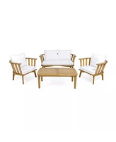 Acacia Patio Set, Table, Cushioned Seating, Teak Finish, White