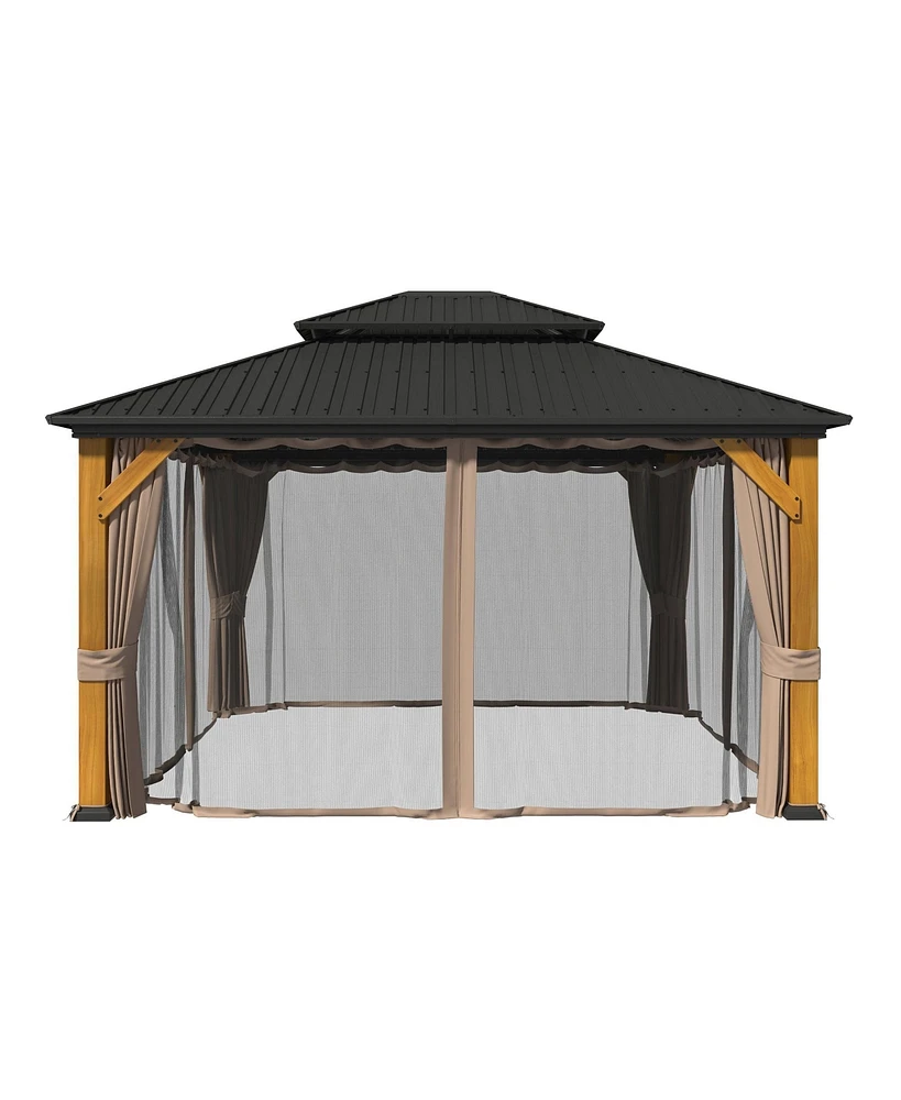 12x14 Ft Heavy-Duty Aluminum Hardtop Gazebo with Galvanized Steel Roof, Commercial-Grade Cedar Wood Outdoor Pavilion for Patio, Weddings