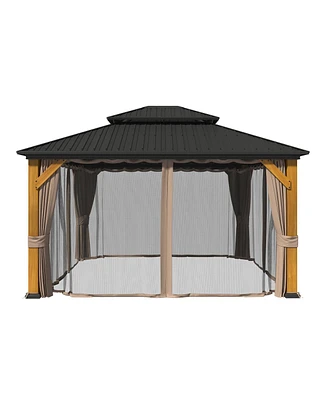 12x14 Ft Heavy-Duty Aluminum Hardtop Gazebo with Galvanized Steel Roof, Commercial-Grade Cedar Wood Outdoor Pavilion for Patio, Weddings