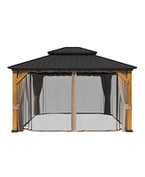 12x14 Ft Heavy-Duty Aluminum Hardtop Gazebo with Galvanized Steel Roof, Commercial-Grade Cedar Wood Outdoor Pavilion for Patio, Weddings
