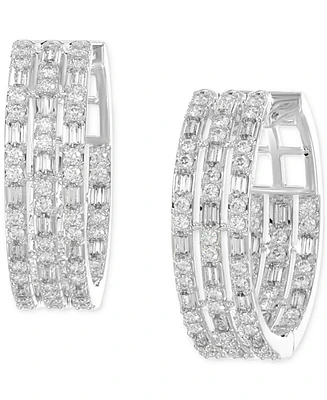 Diamond Round & Baguette Triple Row Small Huggie Hoop Earrings (1/2 ct. t.w.) in 14k White Gold
