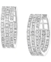 Diamond Round & Baguette Triple Row Small Huggie Hoop Earrings (1/2 ct. t.w.) in 14k White Gold