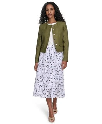 Calvin Klein Womens Tweed Collarless Button Front Jacket Crewneck Ruched Sleeve Top Printed Pleated Pull On Midi Skirt