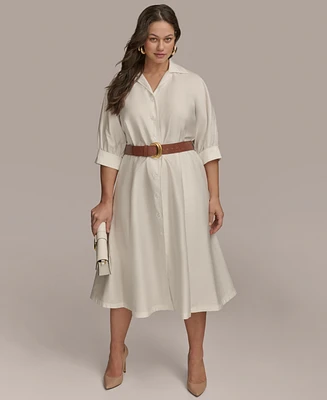 Donna Karan New York Plus Cotton Belted 3/4-Sleeve Shirtdress