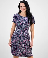 Connected Women's Printed Short-Sleeve Fit & Flare Dress