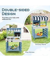 Double-Sided Wooden Play Kitchen with Stoves and Grocery Stand, Pretend Play Set