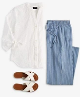 Jones New York Womens Embroidered Top Striped Pants