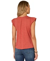 Democracy Petite Embroidered Cotton Flutter-Sleeve Top