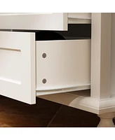 Tv stand with two doors and four drawers, media console with tempered glass and feet, wooden entertainment center
