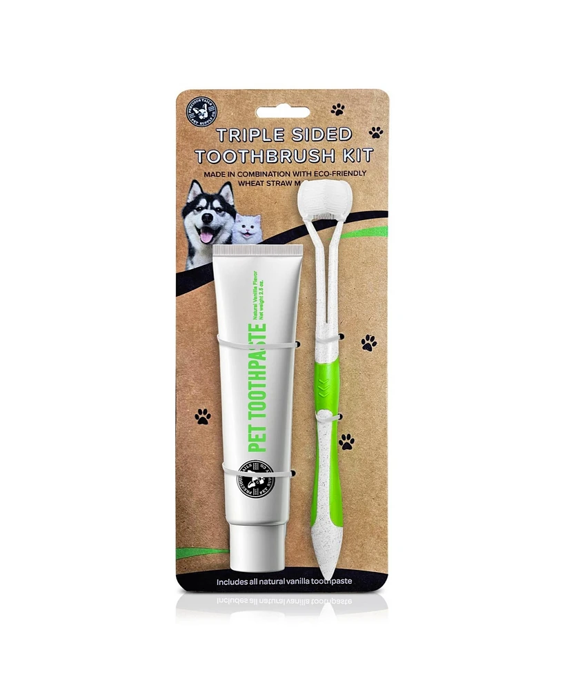 P.t. Supply Co. Triple-Sided Pet Toothbrush Kit, Eco-Friendly Wheat Straw Material for Dogs and Cats