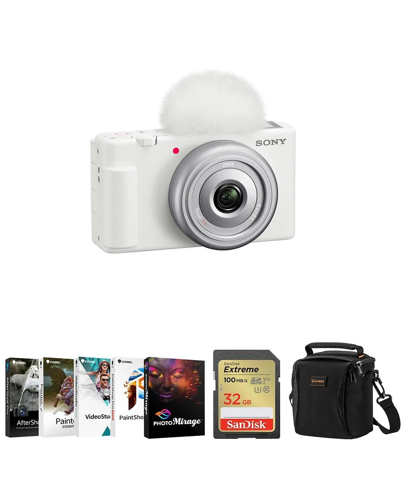 Sony Zv-1F Vlogging Camera, White Bundle with Corel Pc Software Kit, 32GB Sd Card, Shoulder Bag