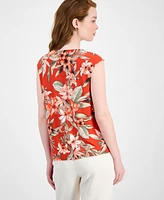 Kasper Women's Floral Pleated-Neck Cap-Sleeve Top