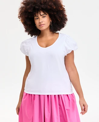 On 34th Trendy Plus U-Neck Short-Puff-Sleeve Cotton Top, Exclusively at Macy's