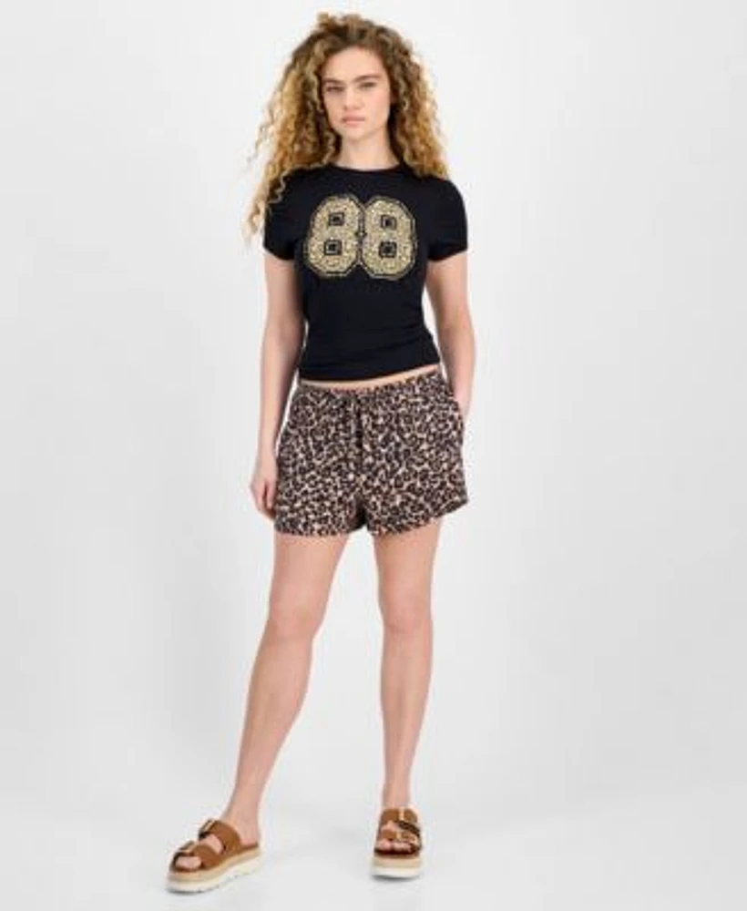Juniors Cheetah Varsity Graphic T Shirt Animal Print Pull On Drawstring Shorts
