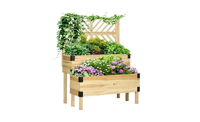 Rustic Wooden Flower Shelf with Planter Box for Outdoor Use