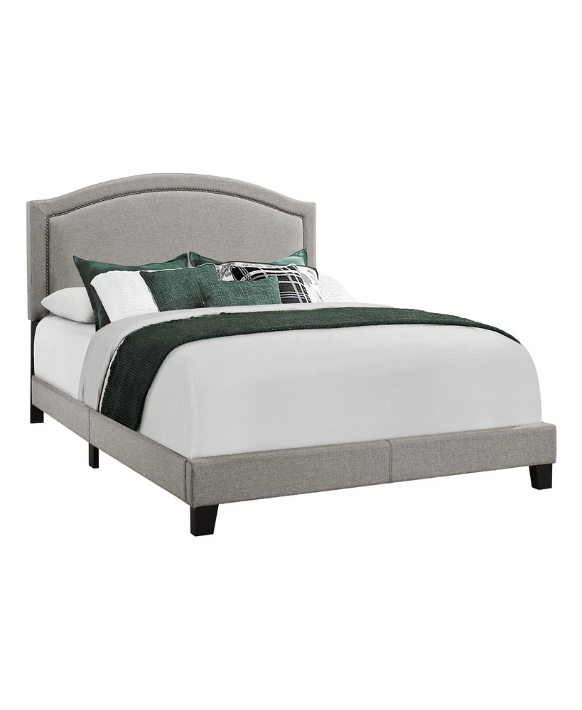 Elegant Solid Wood Bed Frame with Upholstered Linen and Nailhead Accents