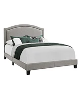 Elegant Solid Wood Bed Frame with Upholstered Linen and Nailhead Accents
