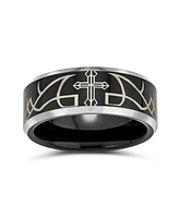 Bling Jewelry Laser Etched Catholic Religious Black Christ Thorn Cross Titanium Band Ring Comfort Fit