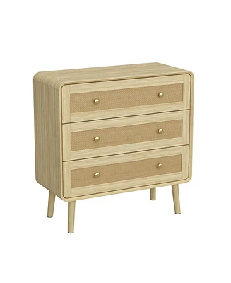 Nightstand with rattan wooden doors, Side table with three drawers and feet, wooden end table in wood colour, Bedside table for bedrooms, living rooms