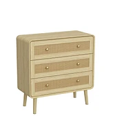 Nightstand with rattan wooden doors, Side table with three drawers and feet, wooden end table in wood colour, Bedside table for bedrooms, living rooms