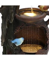 LuxenHome Rain Barrel with Tree and Birds 2.5-Feet Tall Outdoor Polyresin Fountains with Light