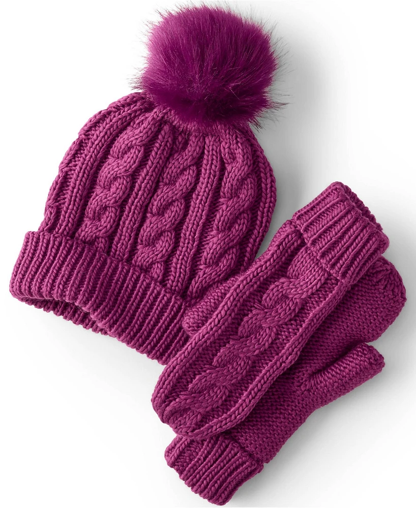 Lands' End Women's Removable Pom Beanie and Mitten Gift Set