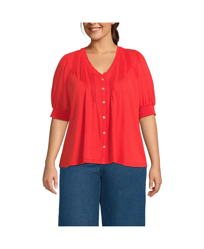 Lands' End Plus Button Pintuck Puff Sleeve Top
